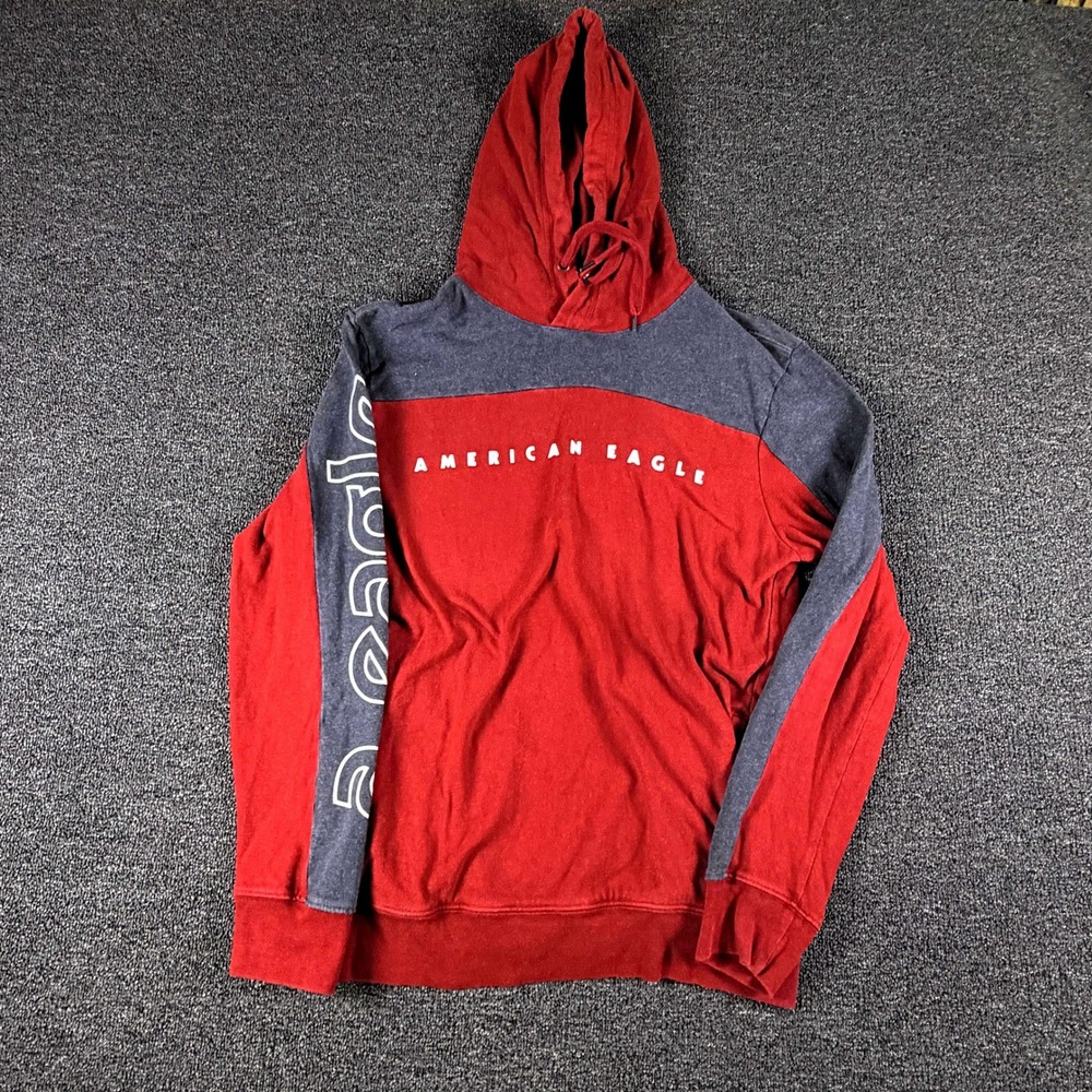 American Eagle Hoodie Mens M Red Grey Colorblock Graphic Sleeve EUC